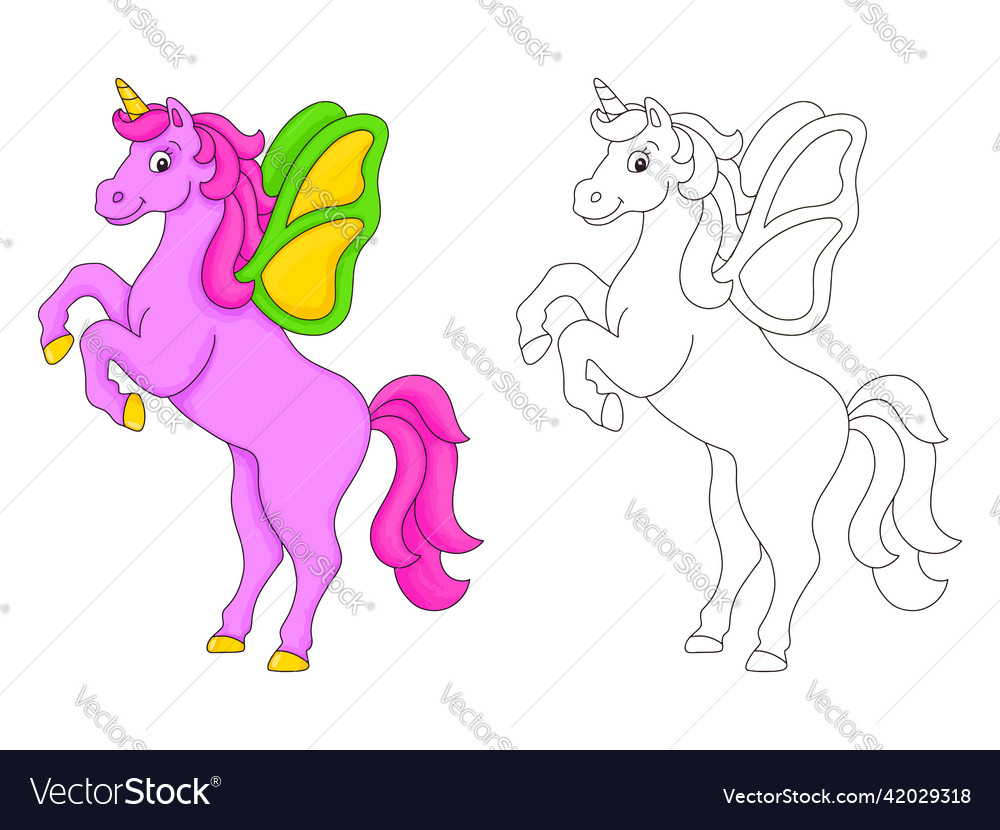 Unicorn with wings reared up coloring book page vector image