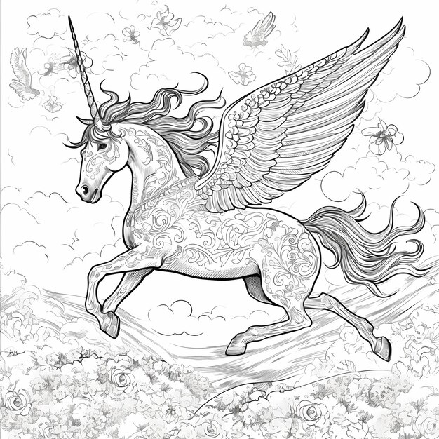 Premium ai image flying unicorn coloring page