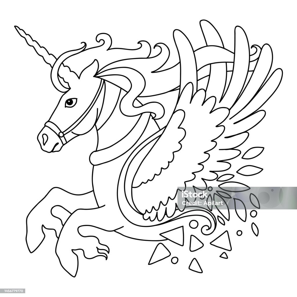 Magic winged unicorn coloring template vector illustration stock illustration