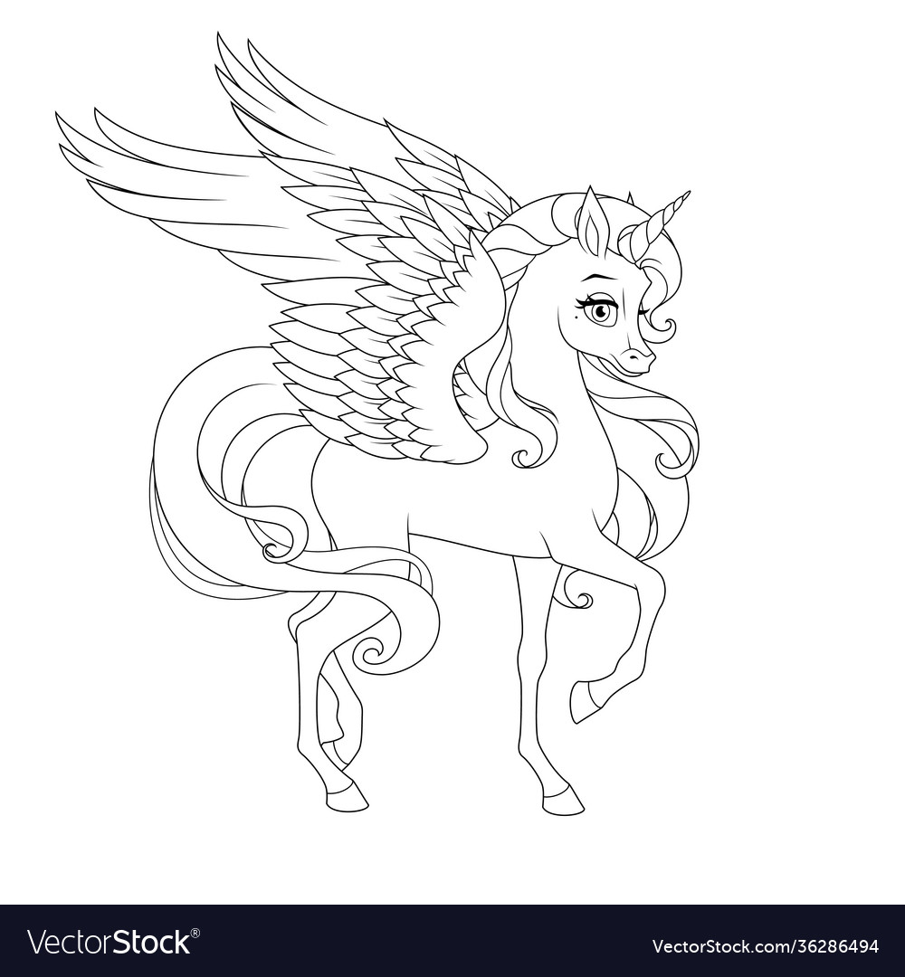 Beautiful unicorn with wings coloring page vector image