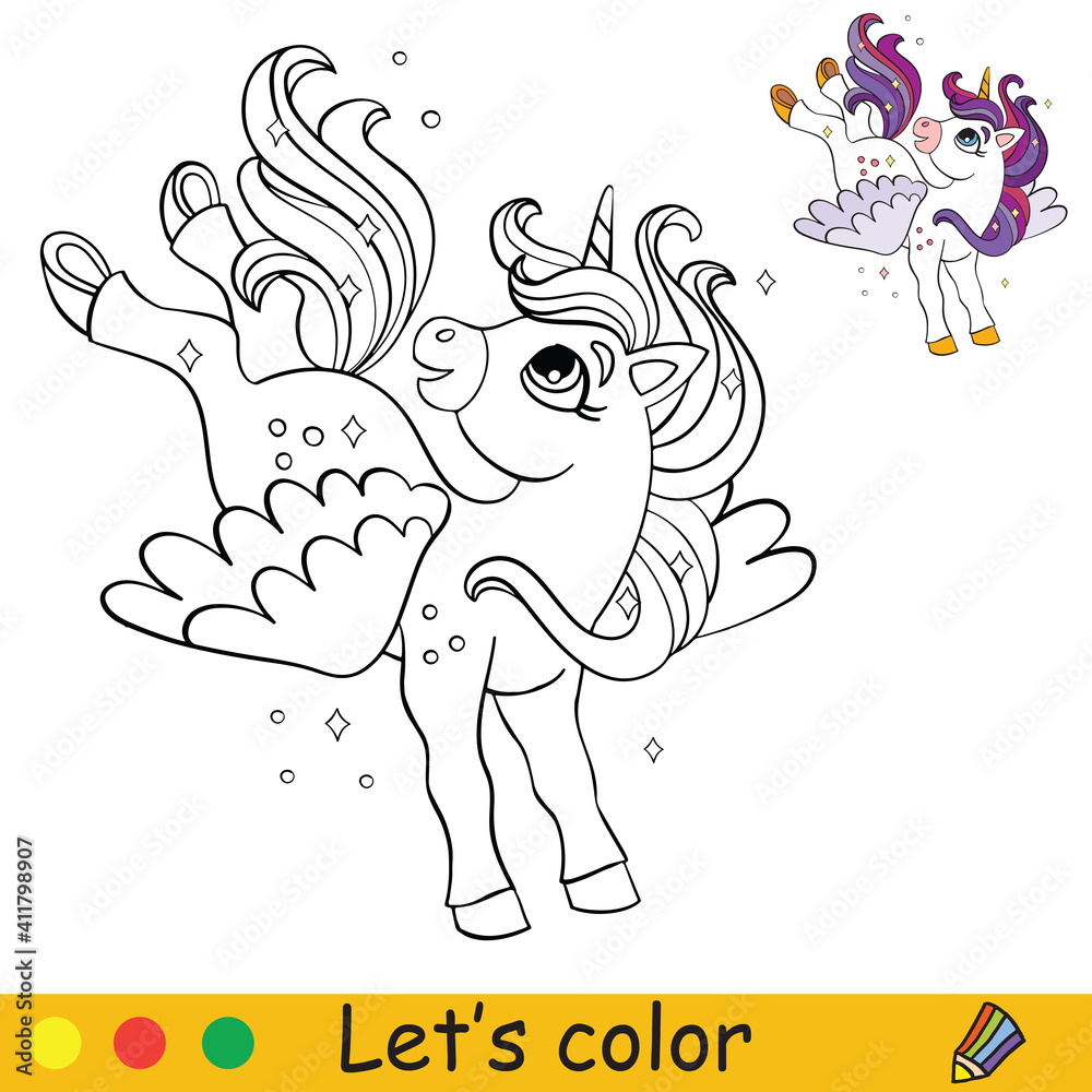 Cute unicorn with wings coloring book page with colorful template vector cartoon illustration isolated on white background for coloring book preschool education print design decor and game vector