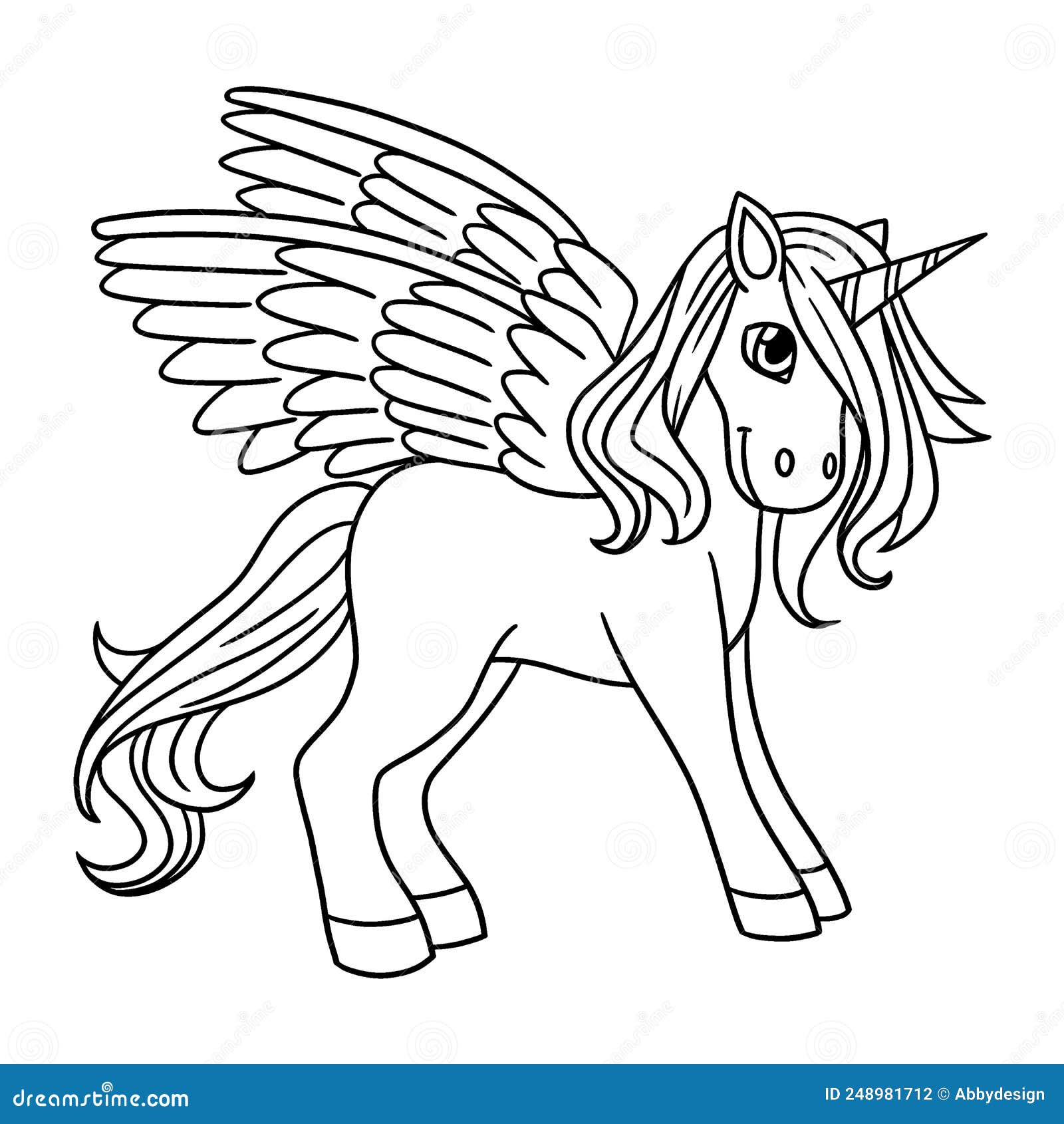 Unicorn with wings isolated coloring page for kids stock vector