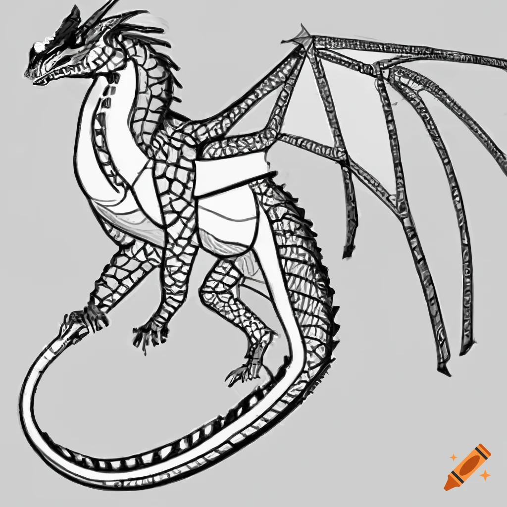 Wings of fire dragon art base line art for coloring in un colored outline white background with black dragon outline contrasting black and white vibrant on