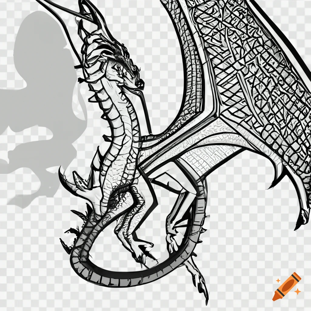 Wings of fire dragon art base line art for coloring in un colored outline white background with black dragon outline contrasting black and white vibrant full body on