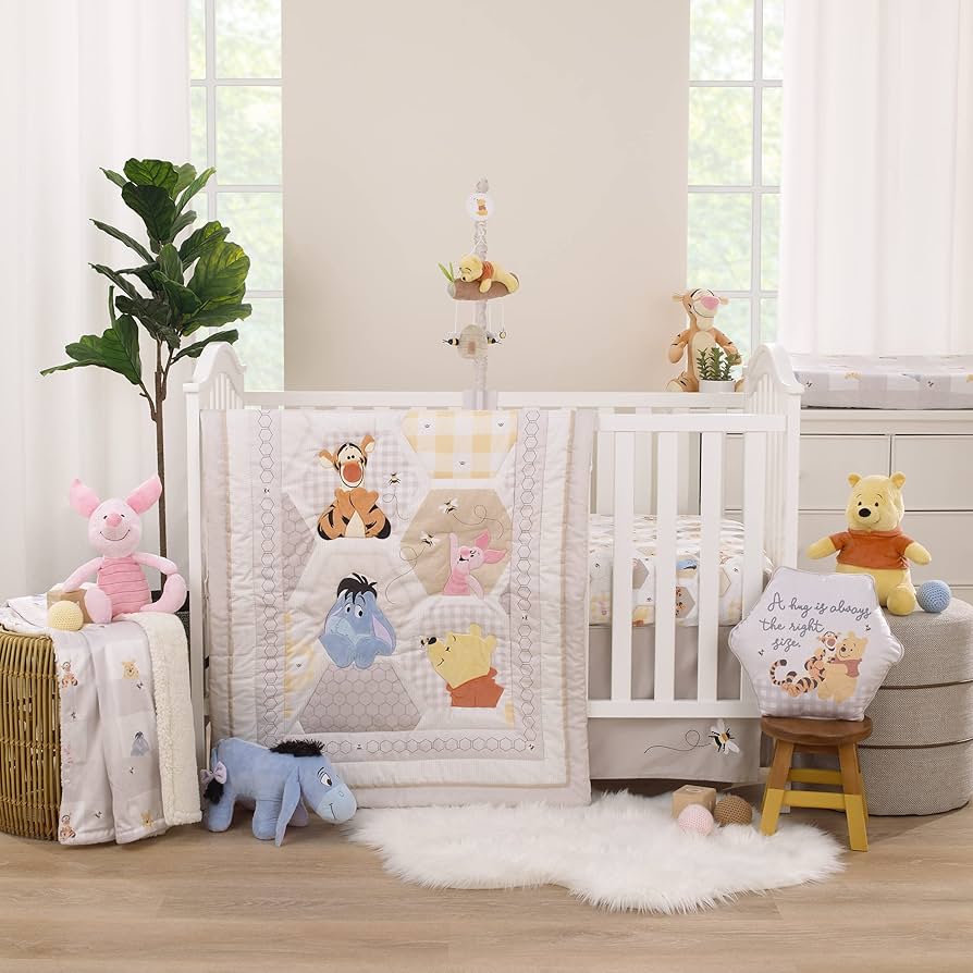 Disney winnie the pooh hugs and honeybs grey white and tan patchwork with piglet tigger and eeyore piece crib bedding set