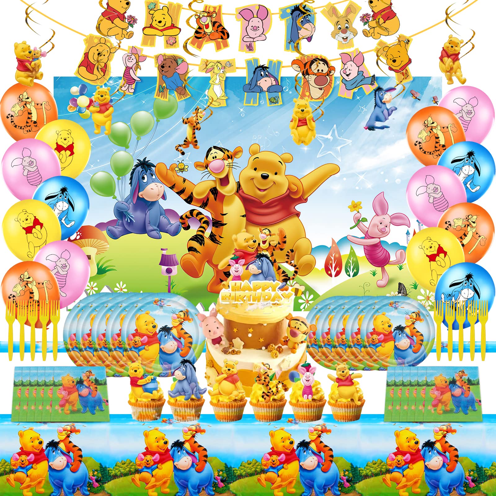 Winnie the pooh birthday party supplies include happy birthday banner background hanging swirls decorations latex balloons plates cutlery napkins cake topper and table cover great birthday and baby shower tableware and