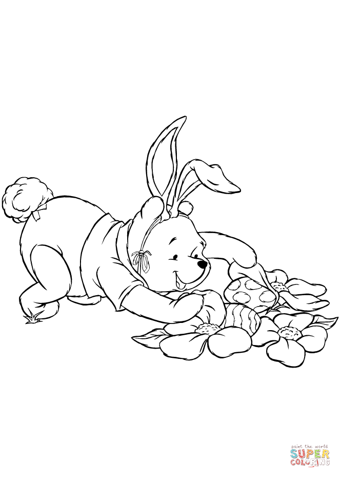 Winnie the pooh is hunting fro easter eggs coloring page free printable coloring pages