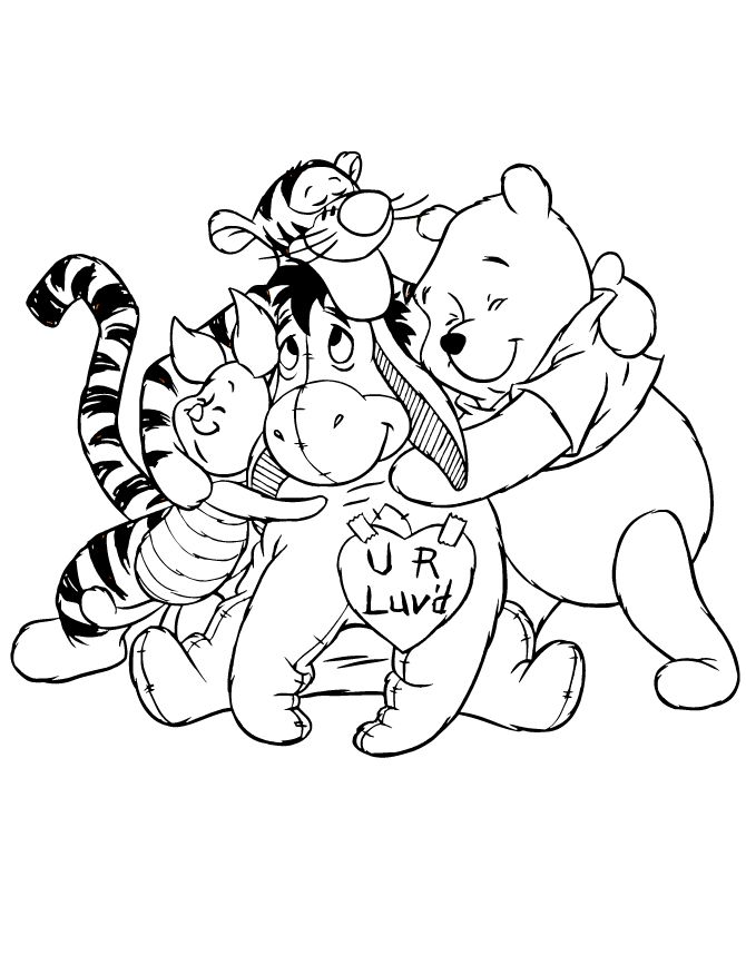 Winnie the pooh bear and friends valentines day hug coloring page