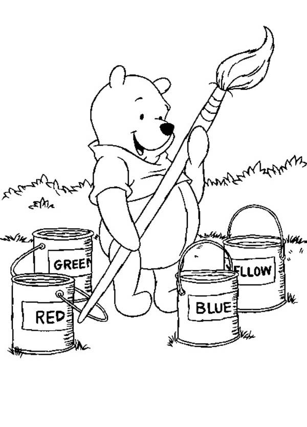 Winnie the pooh big brush and paint bucket coloring page coloring sky