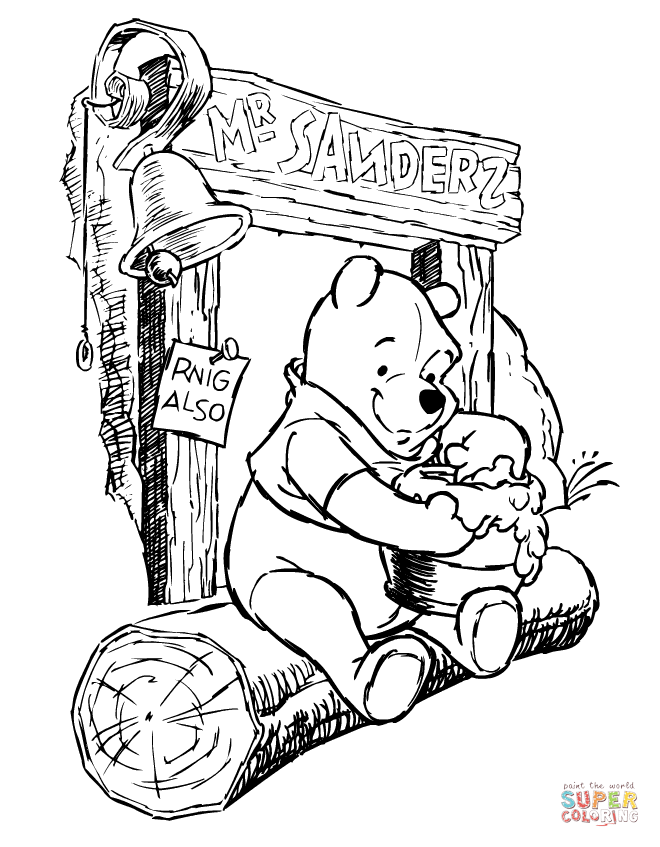 Pooh sits and tastes his honey coloring page free printable coloring pages