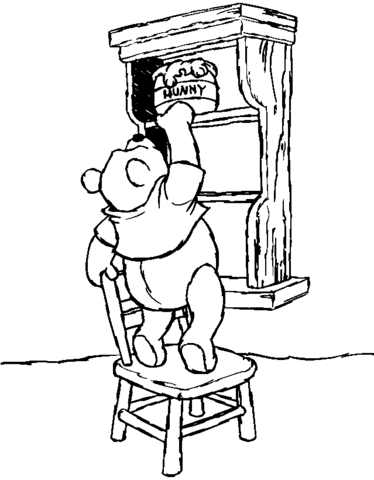 Pooh on a chair takes some honey coloring page free printable coloring pages