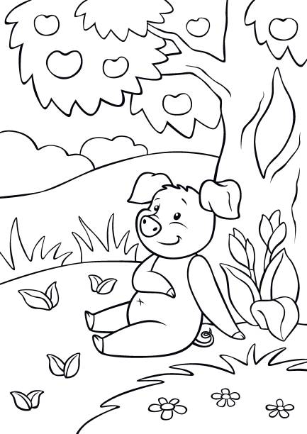 Coloring pages cute little piggy is sitting near the tree and smiling stock illustration