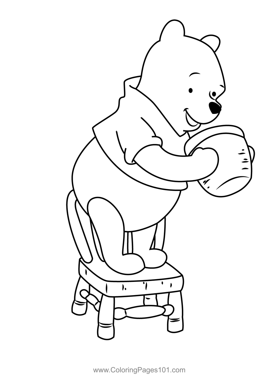 Pooh bear standing on chair coloring page for kids