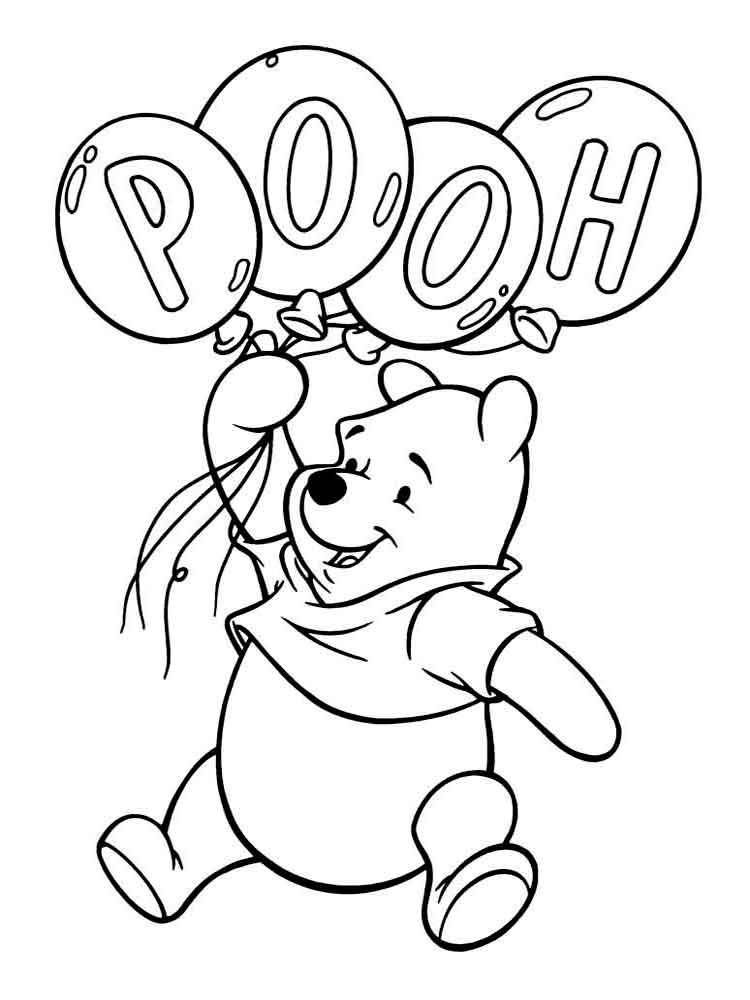 Winnie the pooh flying on four balloons coloring page