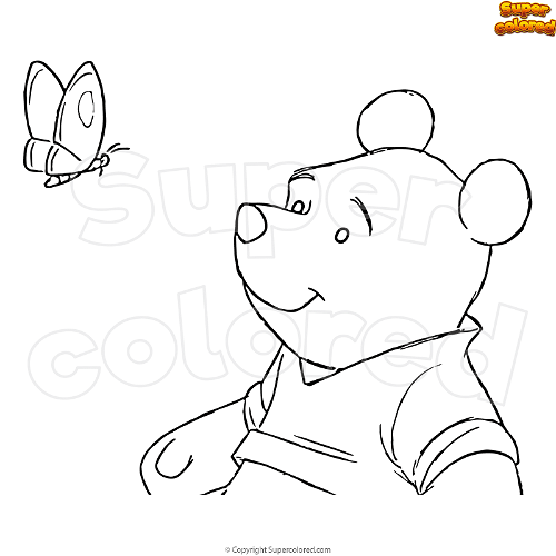 Coloring page winnie the pooh playing with a butterfly