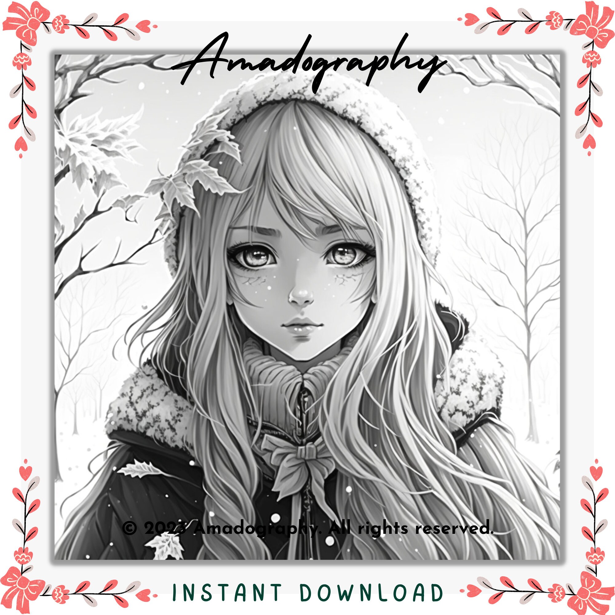 Winter princess girls coloring page printable adult coloring pages book download light dark greyscale illustration download now