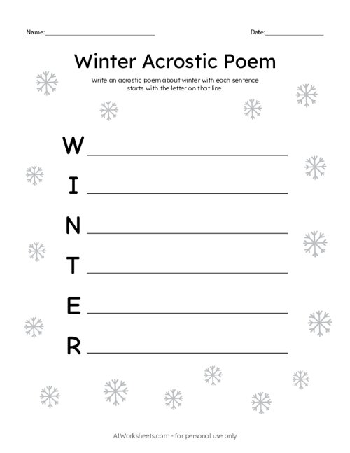 Winter acrostic poem worksheet printable