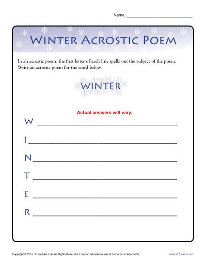 Winter worksheet activity acrostic poem