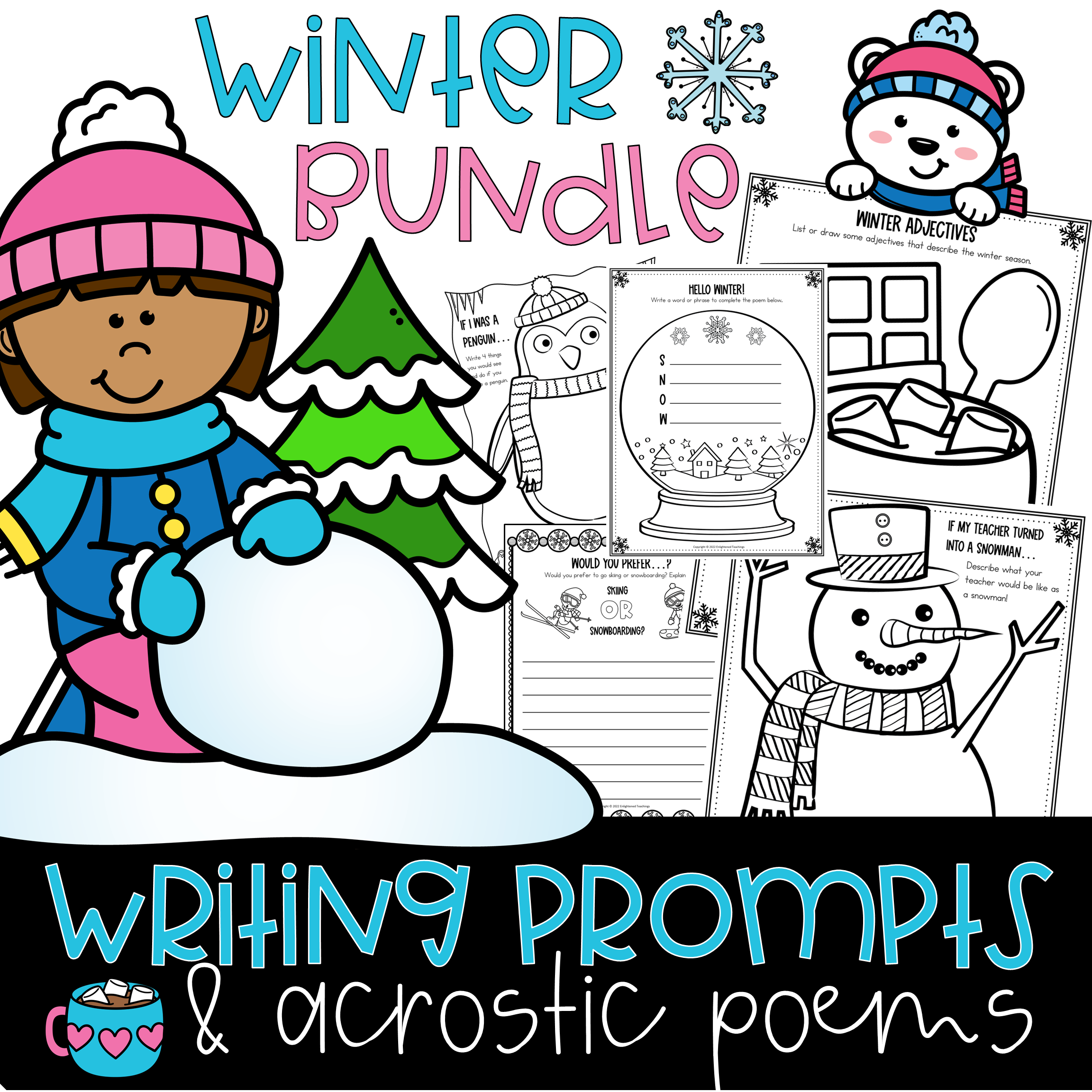 Winter creative writing prompts and winter acrostic poems bundle made by teachers