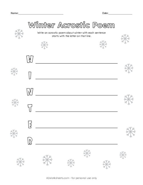 Winter acrostic poem worksheet outline printable