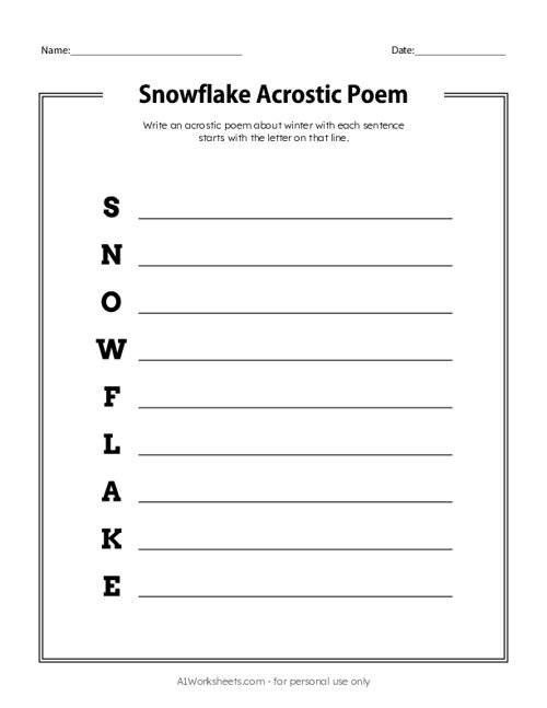 Snowflake acrostic poem worksheet printable