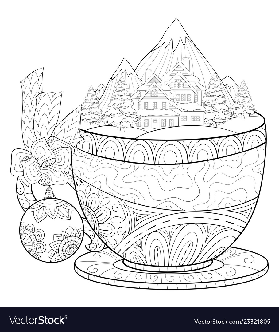 Adult coloring bookpage a cute cup with winter vector image