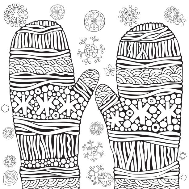 Knitted mittens with snowflakes christmas vector pattern for adult coloring book black and white doodle new year xmas stock illustration