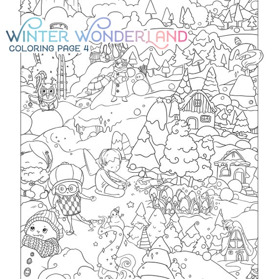 Winter wonderland adult coloring page cute christmas coloring santa kids snowman xmas doodle digital download pdf printable by jen katz download now