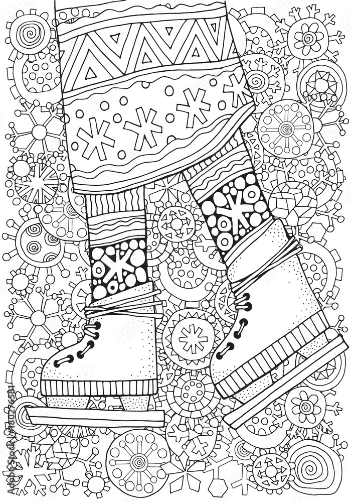 Winter girl on skates winter snowflakes adult coloring book page hand