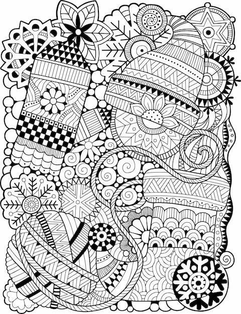 Premium vector vector christmas coloring book for adult fantasy doodle winter design on a white background