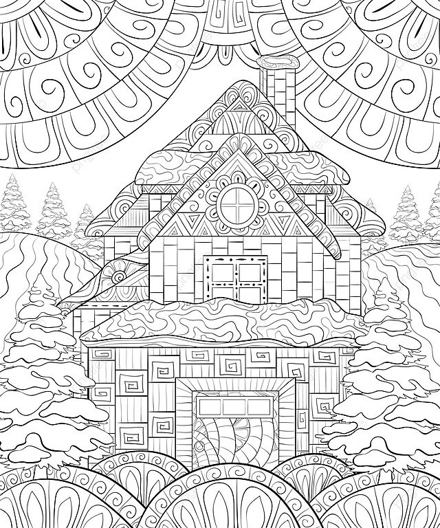 A winter wonderland an adult coloring page featuring a charming house and scenic landscape vector house drawing landscape drawing winter drawing png and vector with transparent background for free download