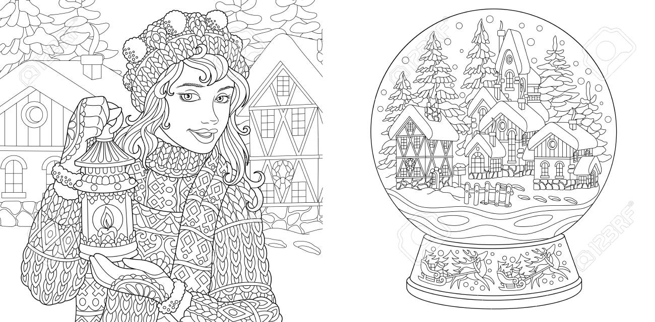 Coloring pages coloring book for adults colouring pictures with winter girl and magic snow ball antistress freehand sketch drawing with doodle and elements royalty free svg cliparts vectors and stock illustration image