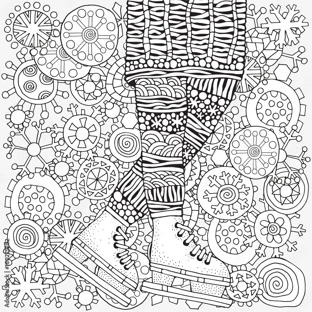 Winter girl on skates winter snowflakes adult coloring book page hand