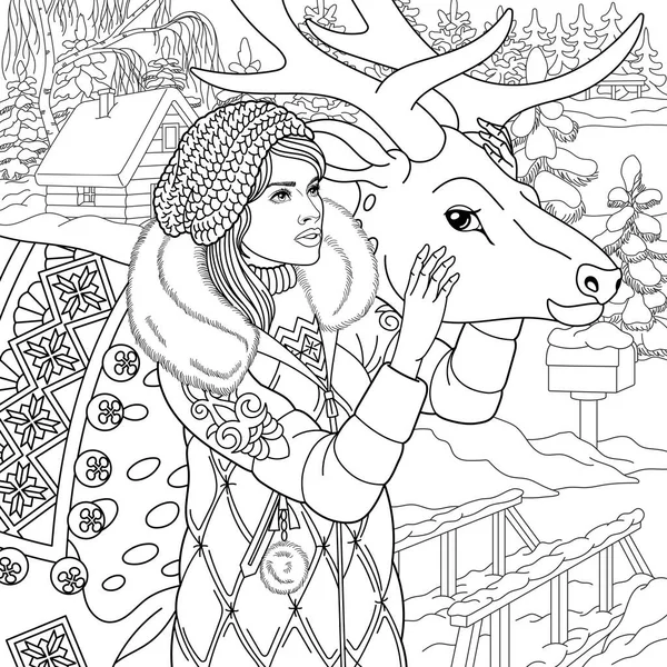 Coloring pages coloring book adults colouring pictures winter girl magic stock vector by sybirko