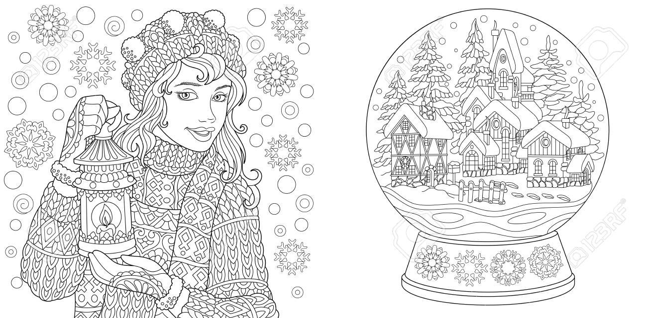 Coloring pages coloring book for adults colouring pictures with winter girl and crystal snow ball antistress freehand sketch drawing with doodle and zentangle elements royalty free svg cliparts vectors and stock illustration