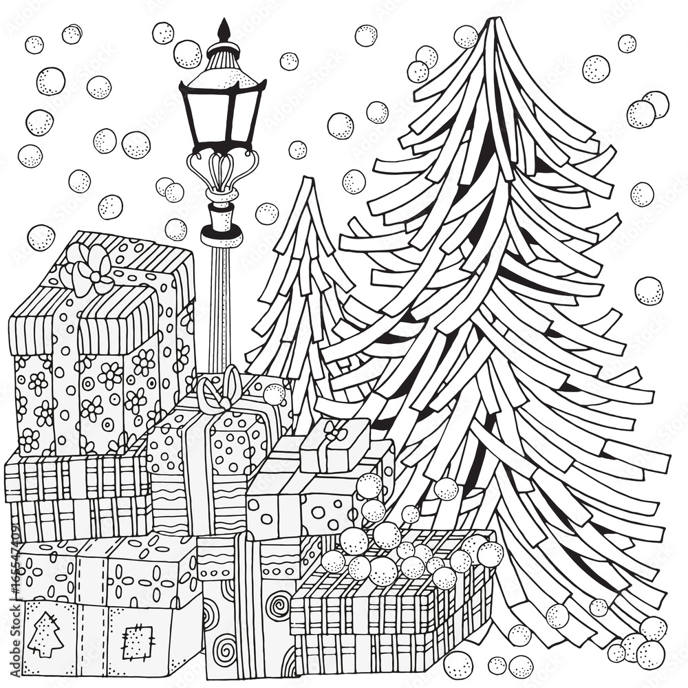 Winter adult coloring book page lantern shines at night christmas trees and gifts xmas holiday coloring book black and white vector