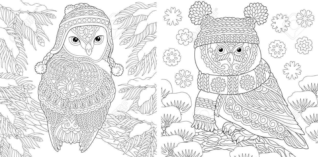 Animal coloring pages cute owls in winter hats line art design for adult or kids colouring book in zentangle style vector illustration royalty free svg cliparts vectors and stock illustration image