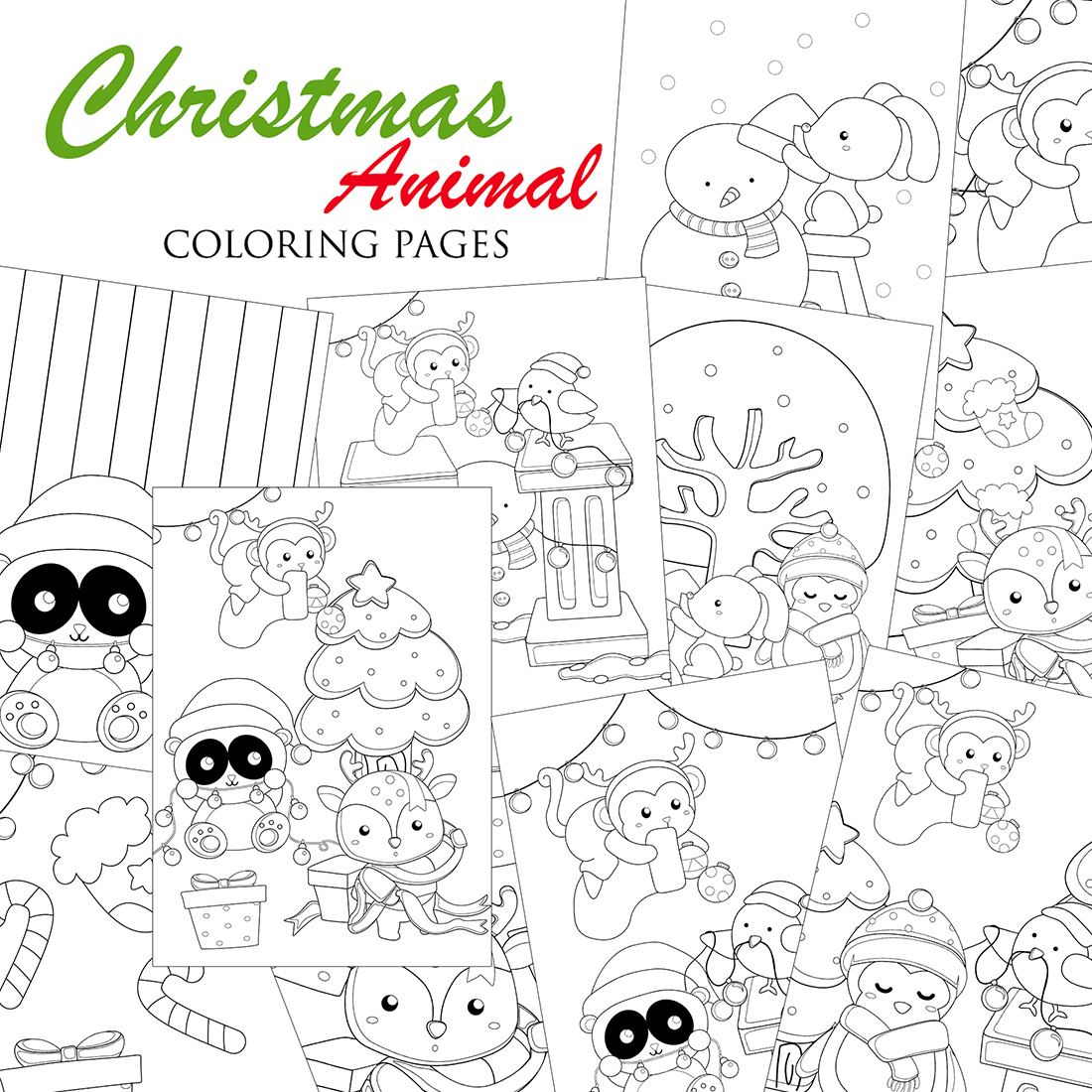 Christmas animals forest bird penguin rabbit panda deer monkey winter snowman holiday cartoon coloring pages for kids and adult