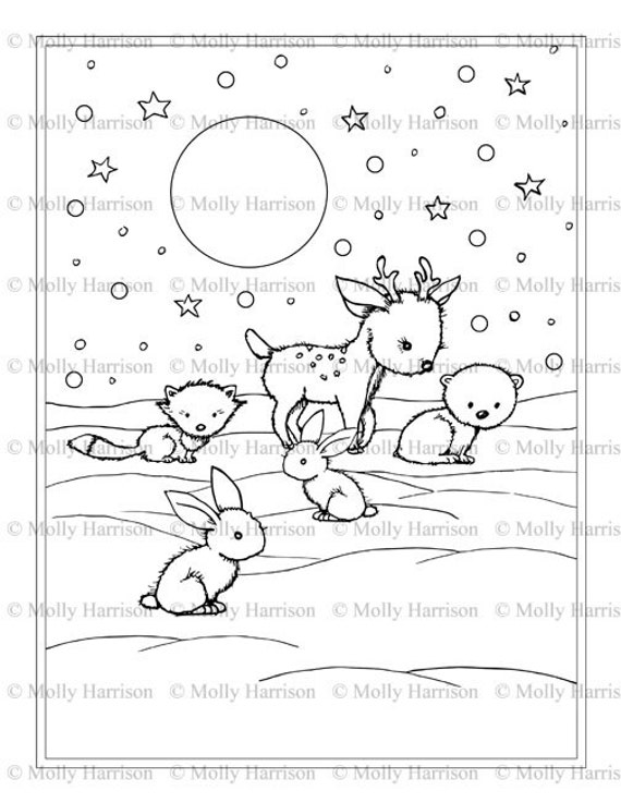 Little winter animals coloring page printable instant download deer polar bear bunny fox cuteness