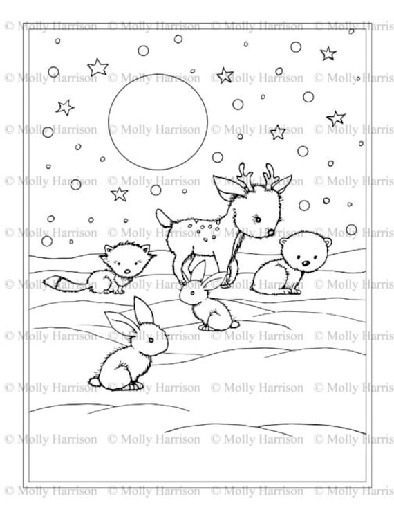 Little winter animals coloring page printable instant download deer polar bear bunny fox cuteness