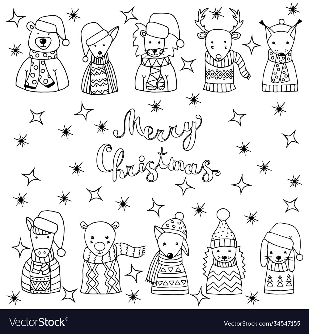 Coloring page with winter set cute animals vector image