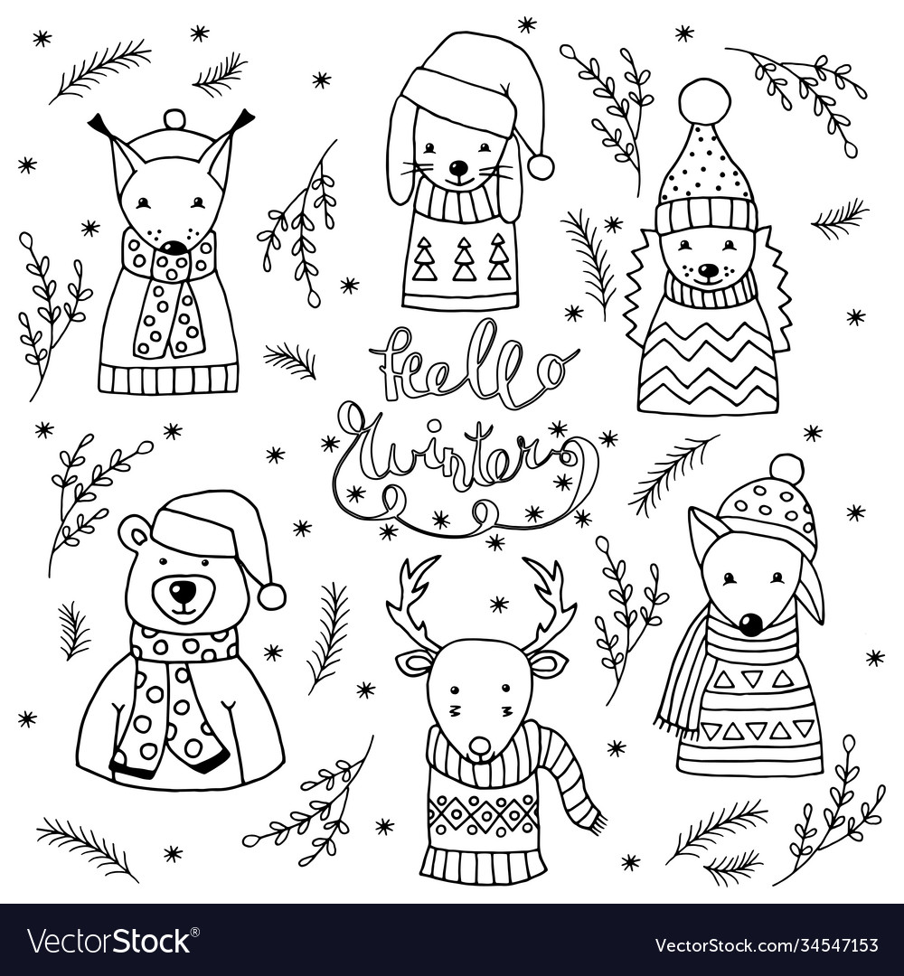 Coloring page with winter set cute animals vector image