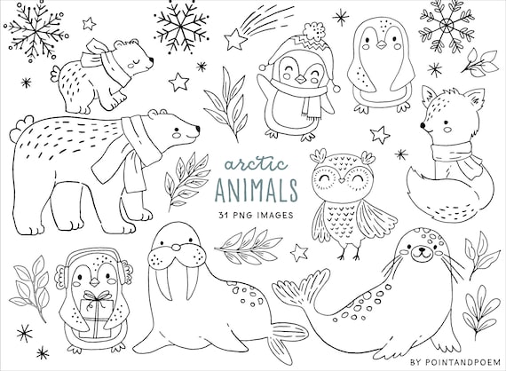 Cute arctic animals digital stamps cute winter animals clipart coloring winter doodles christmas doodle clipart png images