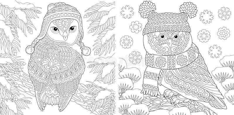 Coloring pages with cute winter owls stock vector