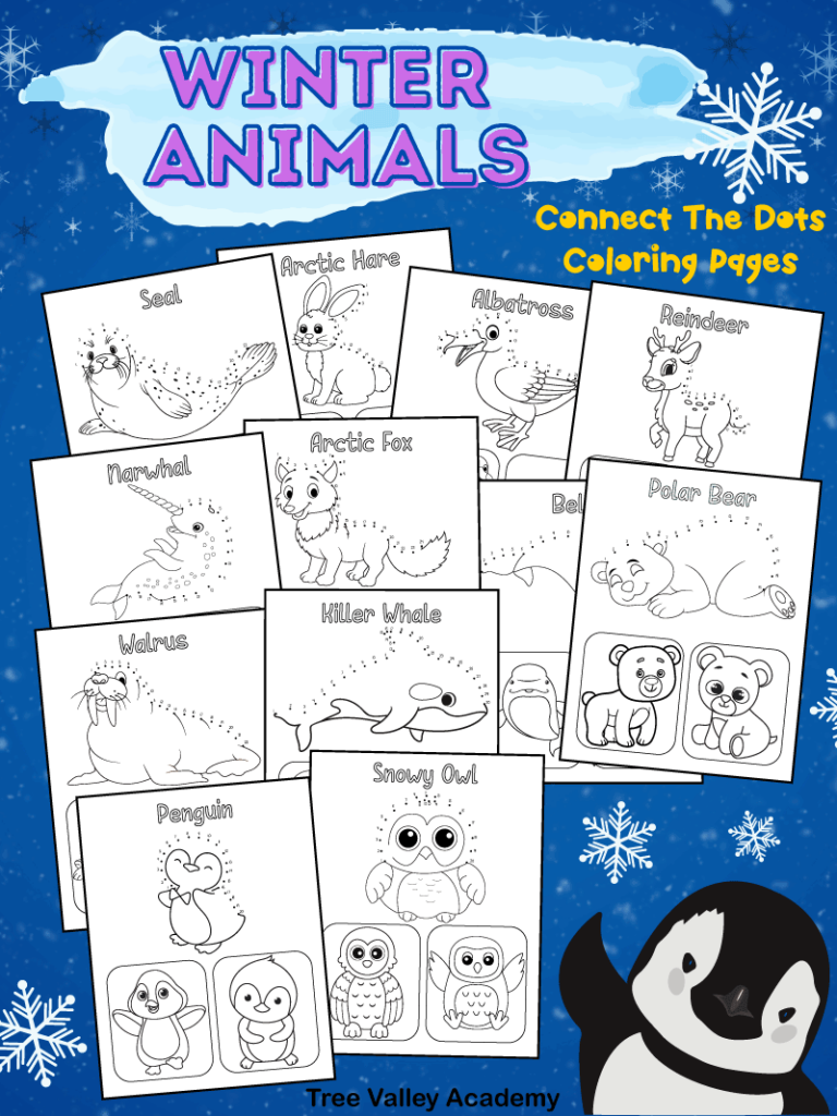 Winter animals connect the dot coloring pages for kids