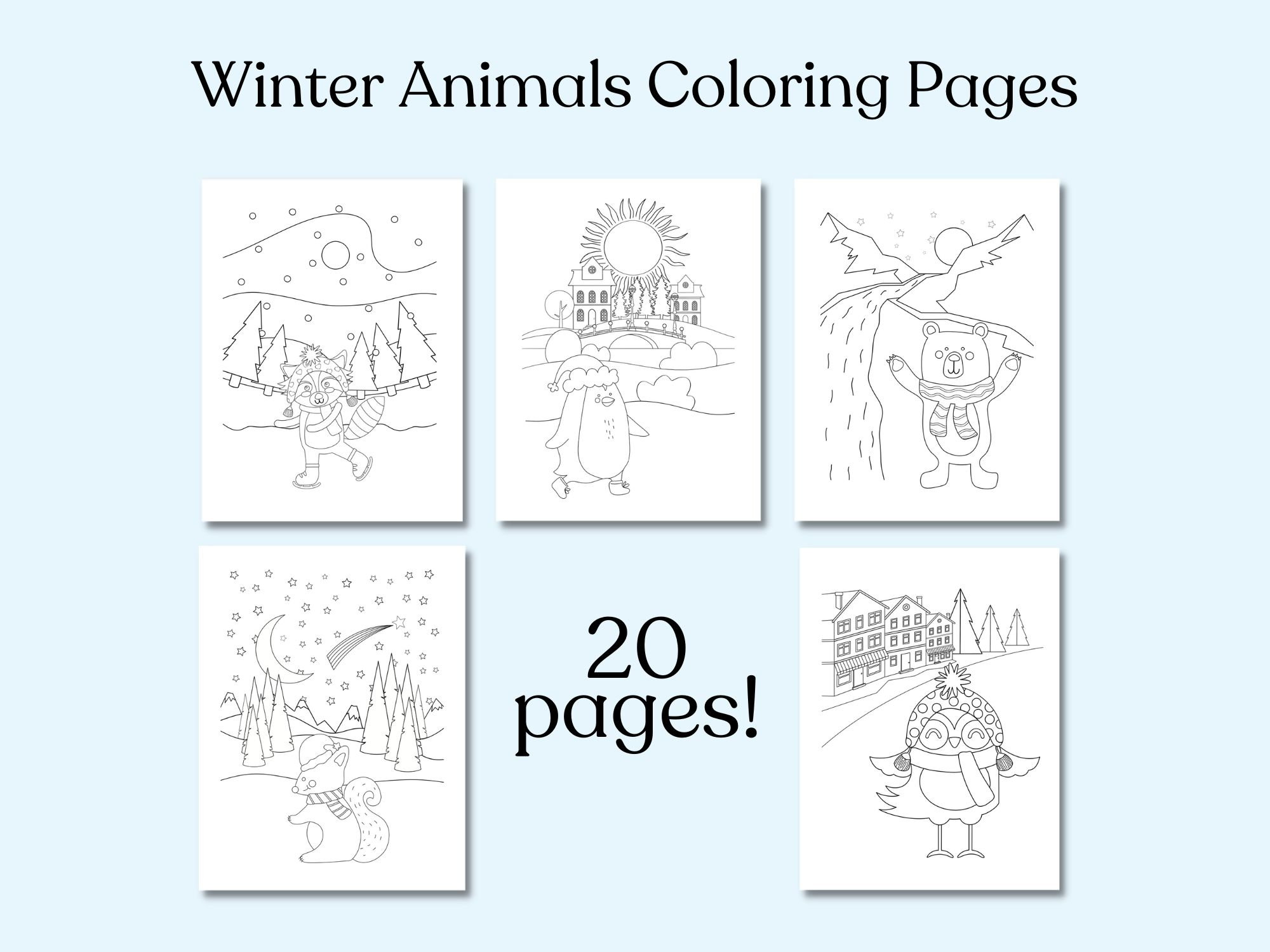 Winter animals coloring pages printable coloring pages for kids instant digital download