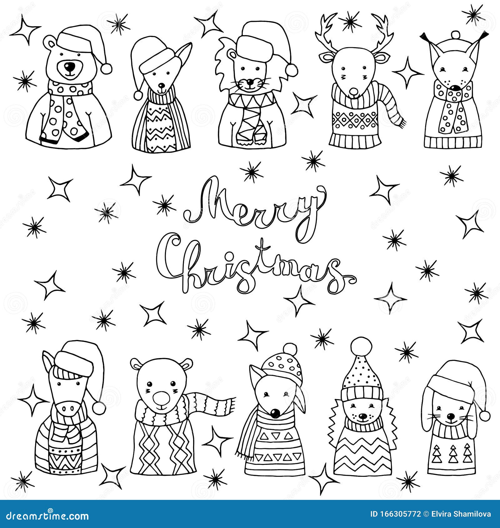 Coloring page with winter set of cute animals in scandinavian style stock vector