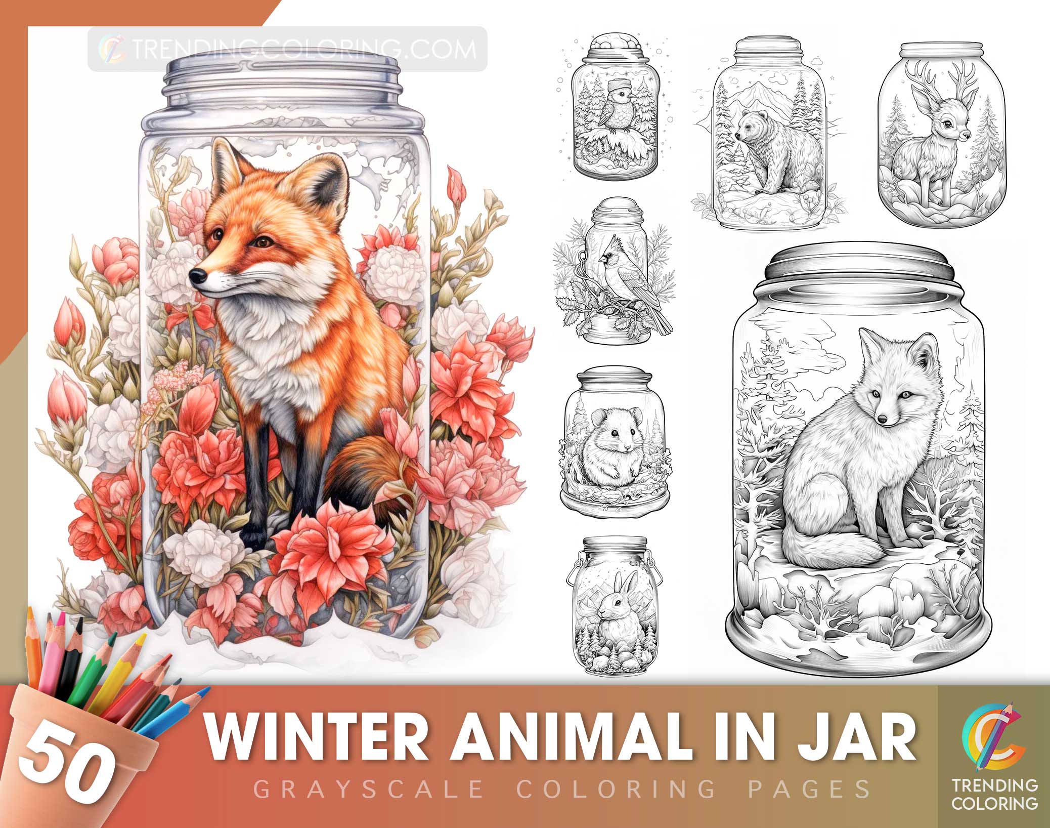 Winter animal in jar grayscale coloring pages