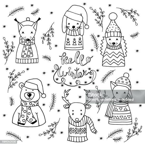 Coloring page with winter set of cute animals in scandinavian style stock illustration