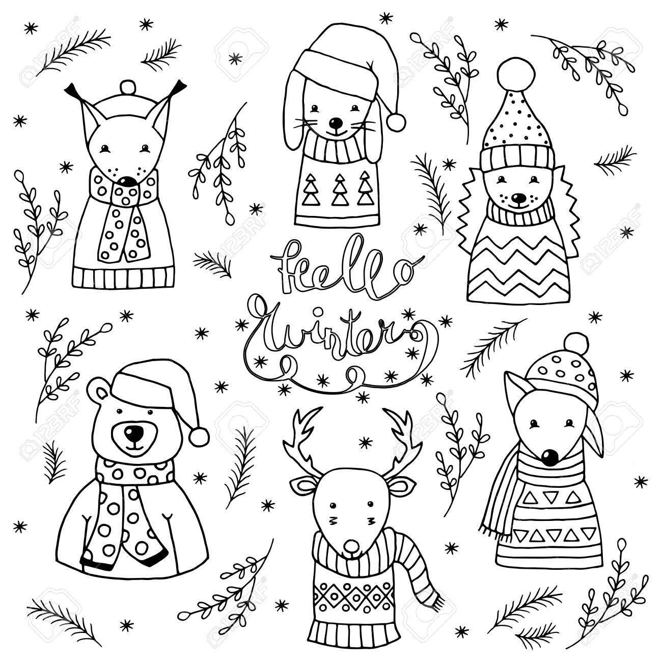 Coloring page with winter set of cute christmas animals in scandinavian style and santa hats royalty free svg cliparts vectors and stock illustration image